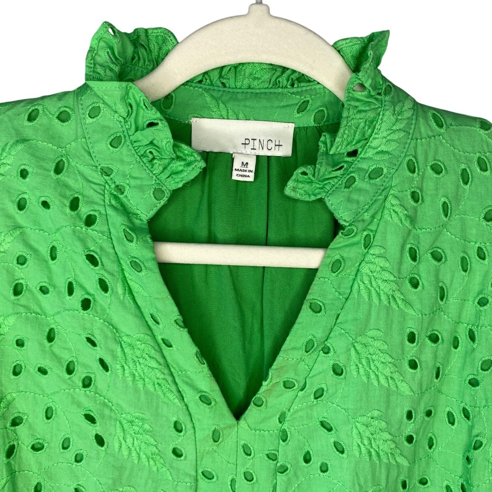 PINCH Green Eyelet Puff Sleeve Ruffle Neck Blouse Medium - Picture 4 of 12